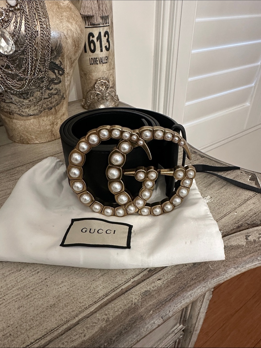 Black Leather GG Pearl Buckle Belt